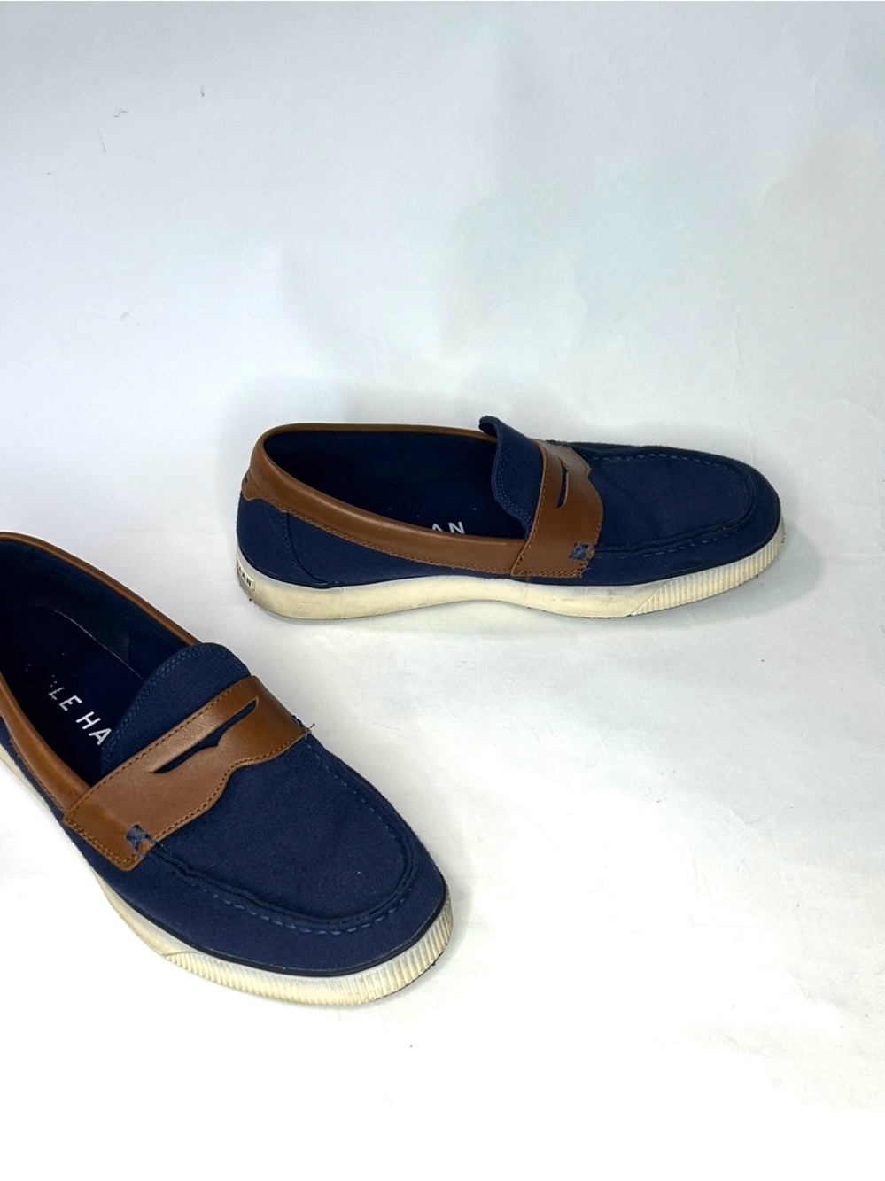 Cole Haan Navy and Brown Canvas Penny Loafers for Men